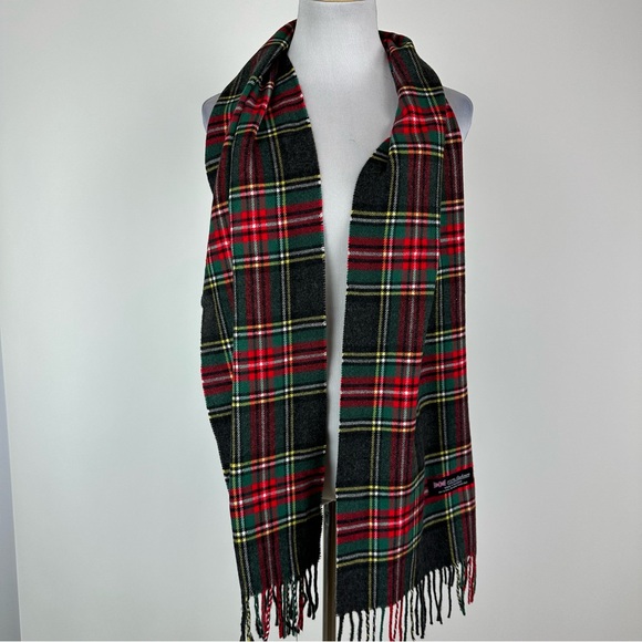 100% Cashmere Gray Red Plaid Scarf - Picture 1 of 5